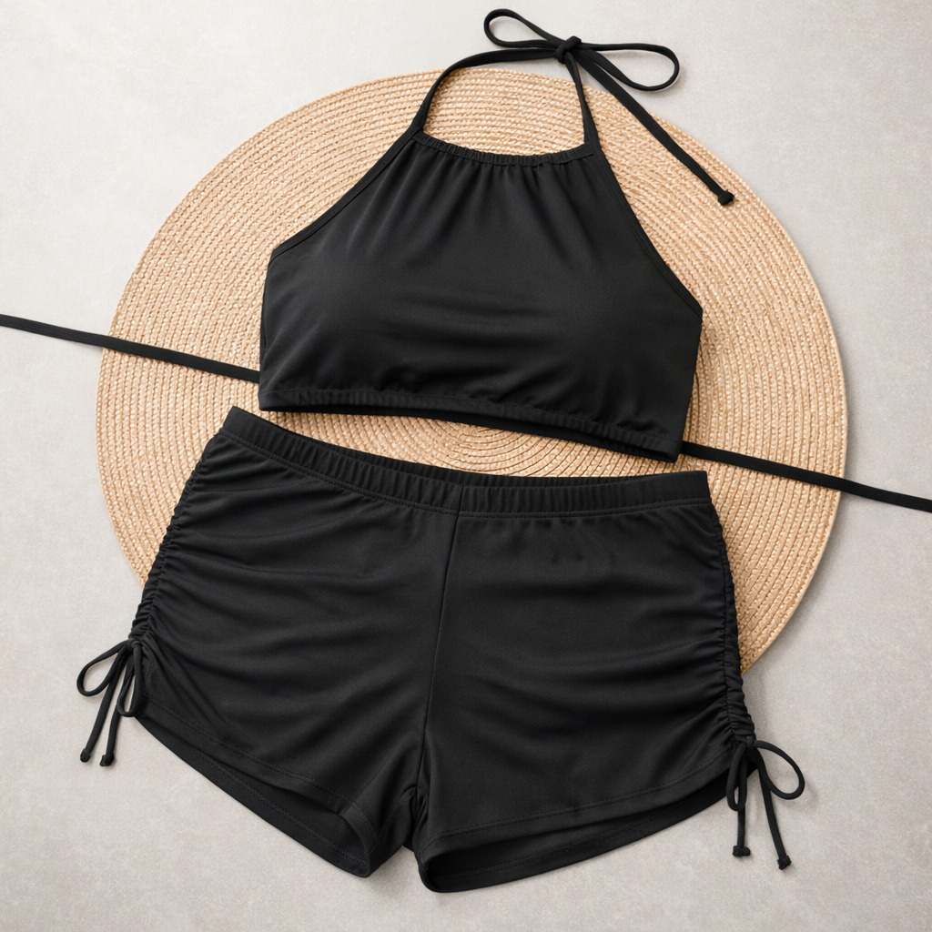 Conjunto Biquíni Sunquíni Top Alcinha Croped Shorts Cordinha Lateral Plus Size Feminino Cintura Alta Moda Praial Verão