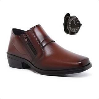Kit Bota Social Masculina Marrom com Zíper + Relógio Masculino Elegante Sapato Social Masculino Confortável Casual Traba