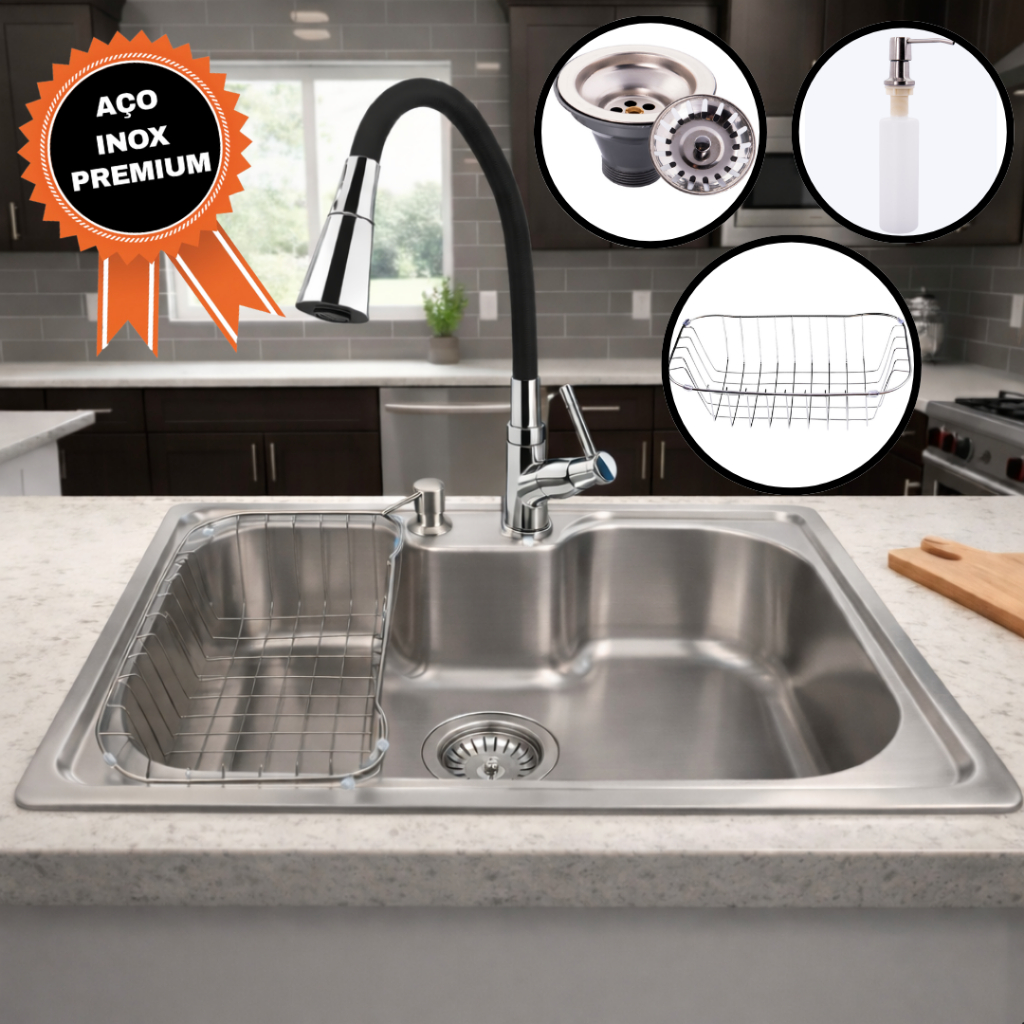 Cuba Pia de Cozinha Gourmet Escovada 50x40 em Aço Inox com Kit de Acessórios - SOFTINOX