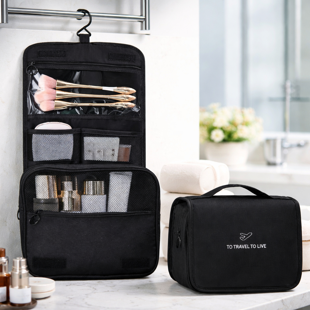 Necessaire Feminina Grande para Viagem, à Prova d’Água, Dobrável com Gancho e Várias Divisórias para Cosméticos em Oferta na Shopee