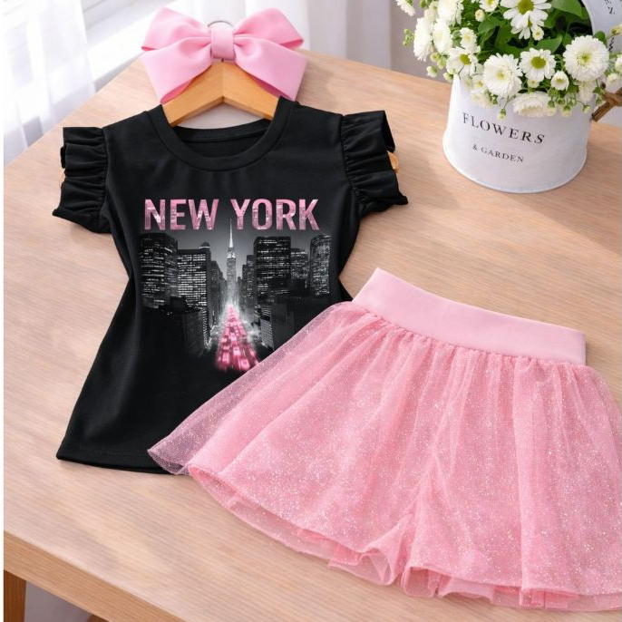 Conjunto Infantil Menina Fashion Trend – Blusa Preta New York City + Short Saia Tule Glitter Rosa Bebê Look Blogueirinha