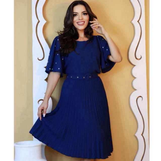 Vestido Midi Plissado Alfaiataria com Pérolas nas Mangas Elegante Social Festa Moda Evangélica em Oferta na Shopee