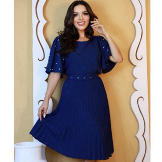 Vestido Midi Plissado Alfaiataria com Pérolas nas Mangas Elegante Social Festa Moda Evangélica em Oferta na Shopee
