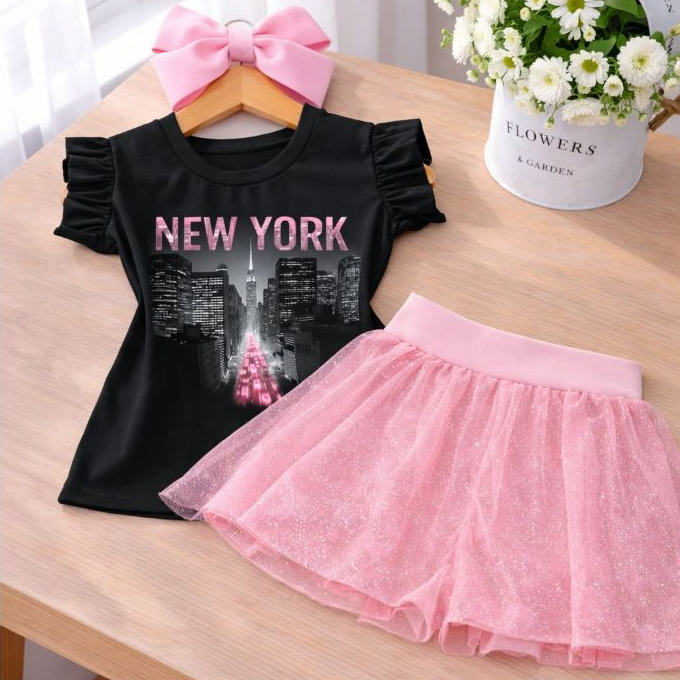 Conjunto Infantil Menina Blogueirinha Fashion Blusa Preta New York Short Saia Tule Glitter Rosa Bebê Look Infantil