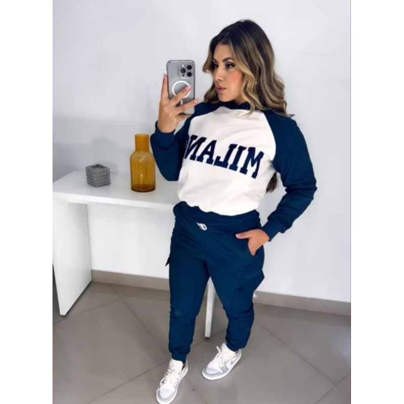 Conjunto Moletom Feminino capuz calça cargo Casual Manga Longa Moda Inverno Confortável M G GG