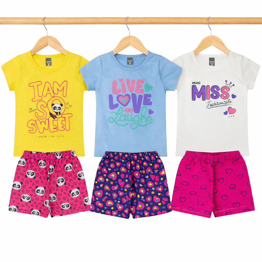 Kit 3 Conjuntos Infantis Menina 6 Peças 3 Blusas + 3 Shorts Estampas Sortidas Verão Kids Menina Fofa