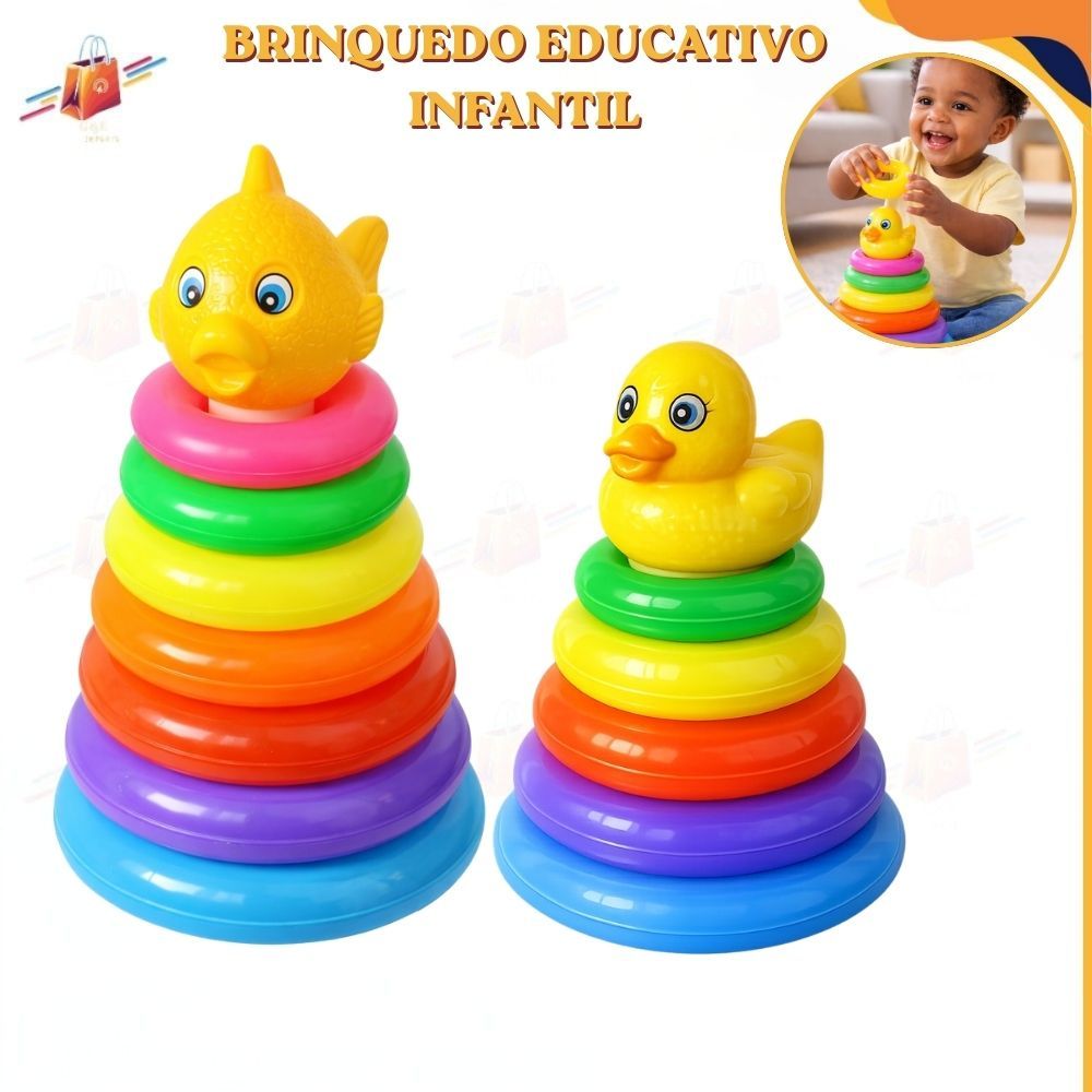 Torre de Argolas Infantil Brinquedo Educativo Didático com 5 ou 7 Argolas Coloridas a Escolher