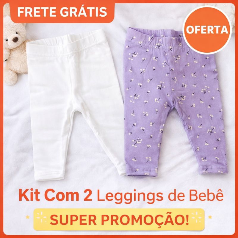 Kit 2 Calças Legging Bebê Menina Algodão Confortável Estampada + Lisa