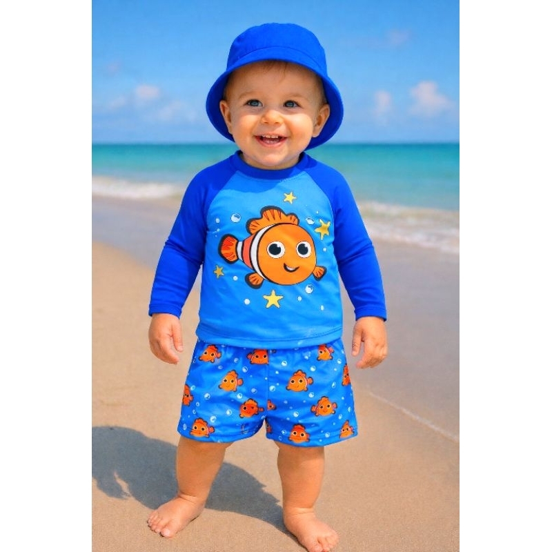 Conjunto com Chapéu Bebe menino proteção UV 50+ camiseta e sunga de 3 meses a 24 meses