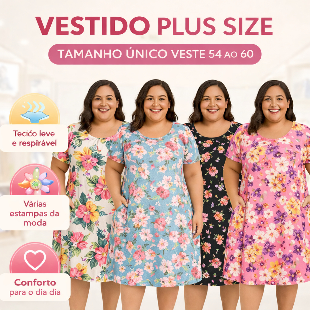 Vestido Feminino Plus Size Floral Veste 54 56 58 60 Tecido Leve Confortável Moda Verão