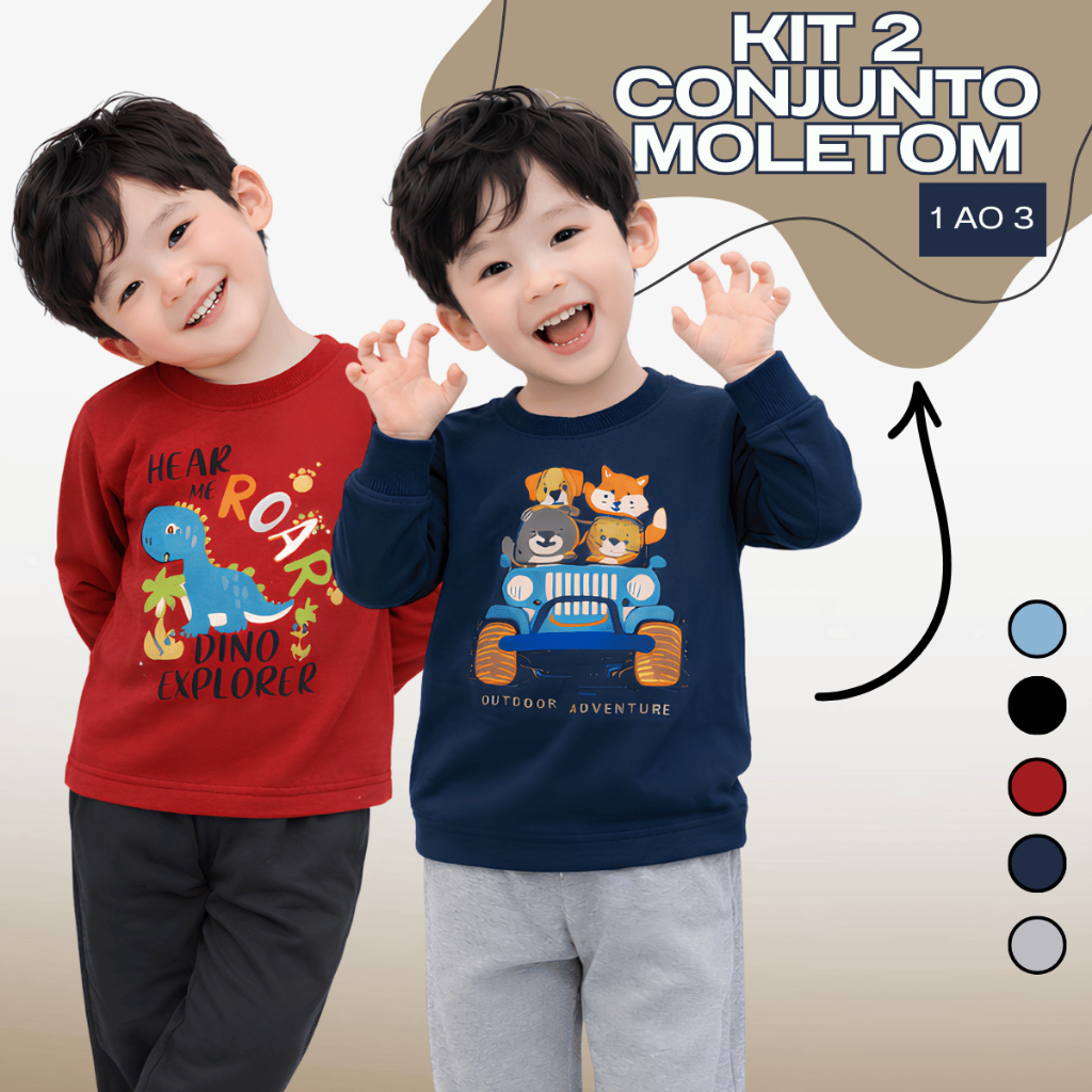 Kit 2 Conjunto Moletom Masculino Frio Bebê Confortavél Manga Longa 5 Estampas Personagem 100%Algodão