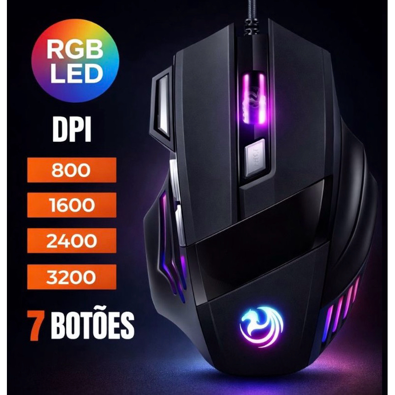 Mouse Gamer Laser 3200dpi Led Rgb Usb 7 Botões Fio USB 7D Extreme 7 Cores Profissional Original