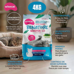 Areia Biodegradável Bionature Wisecat 4kg - Super Premium Sensitive Grãos Finos
