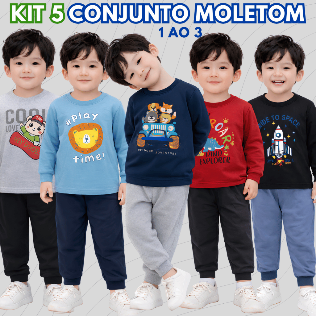 Kit 5 Conjunto Moletom Masculino Frio Bebê Confortavél Manga Longa 5 Estampas Personagem 100%Algodão