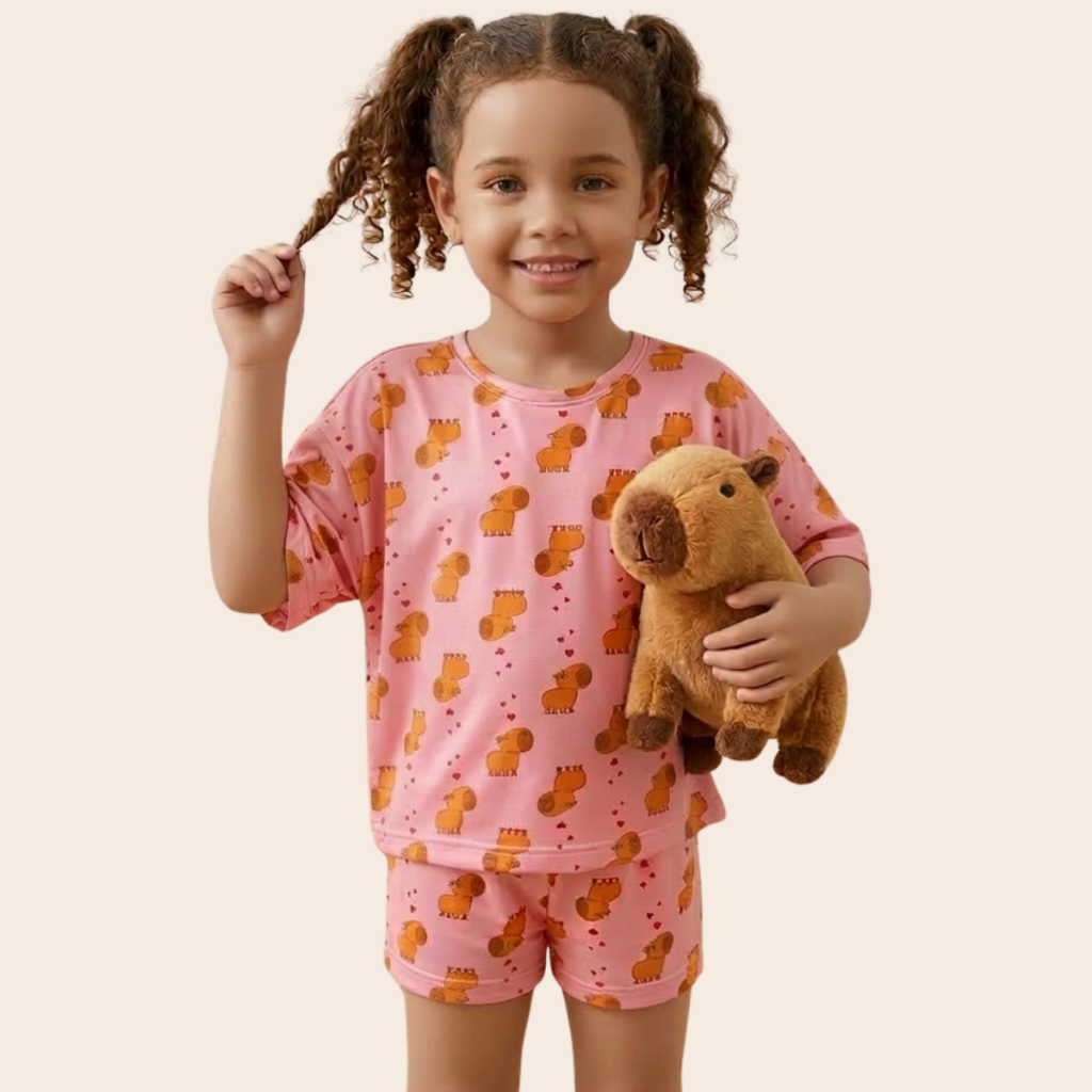 Conjunto Infantil Comfy Estampado Camiseta Shorts Roupa Pijama Verão Confortável Tamanho 2 ao 10
