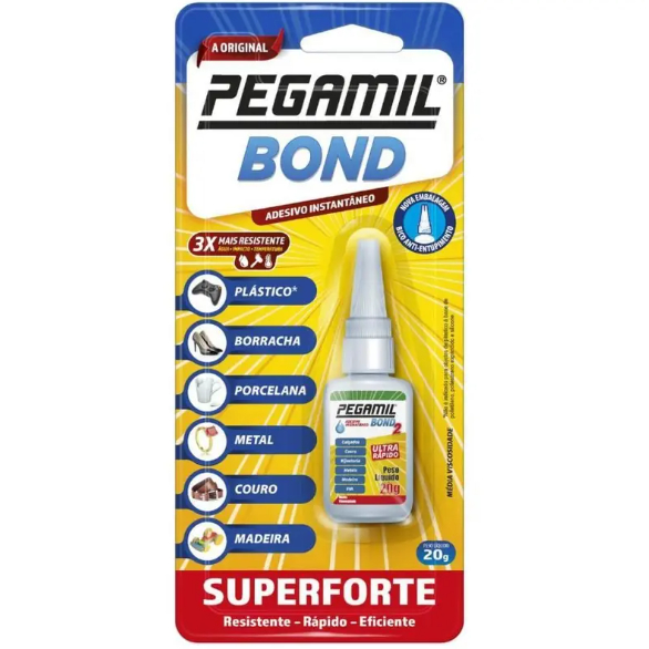 Cola Pegamil Bond 2 com 20g - Para Plastico, Couro, Borracha, Porcelana, Metal, Madeira