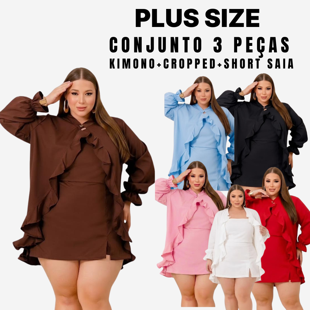 Conjunto Plus Size Feminino Luxo Elegante Short Saia  Cropped  Kimono em Oferta na Shopee