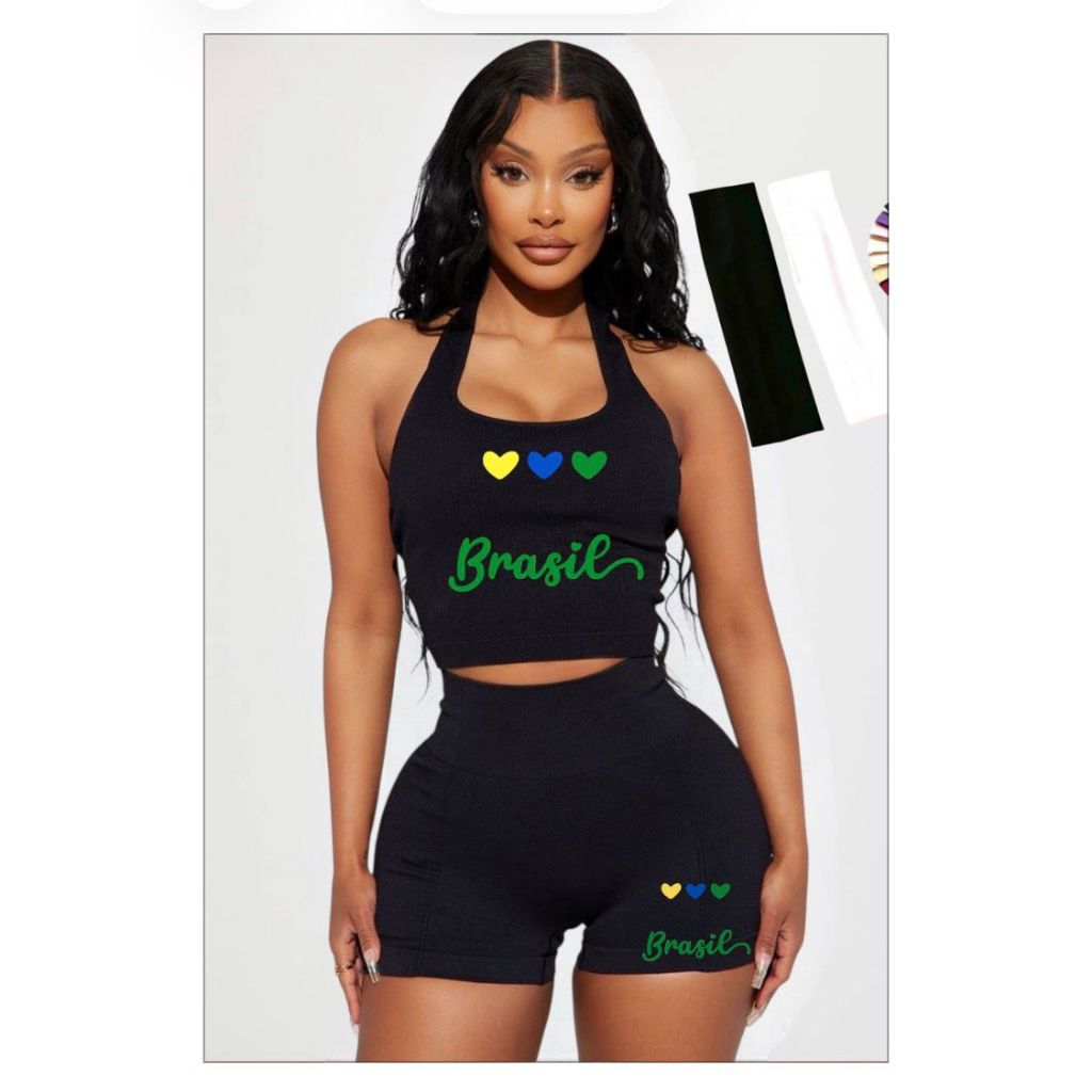 Kit Conjunto Fitness + faixa esportiva estampada combinando  para Academia Top e Short Super Confortável com Compressão