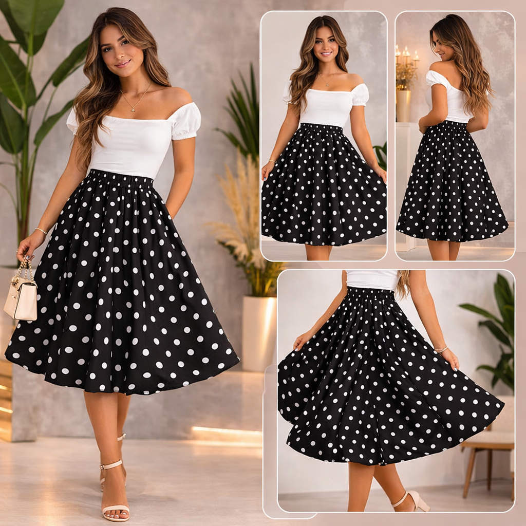 Saia Godê Poá Bolinha Retrô Anos 60 Vintage Rodada Midi Moda Feminina Festa Fantasia em Oferta na Shopee