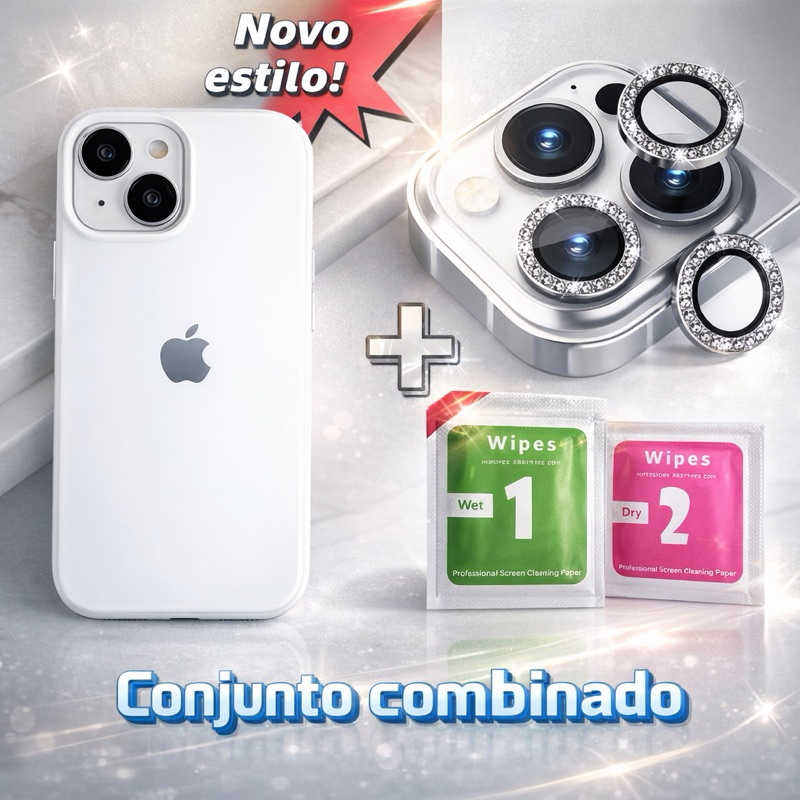 Capinha Silicone IPhone + Kit Protetor Lente Câmera Diamante Para iPhone 11 12 13 14 15 16 17 Pro Max Película Lente
