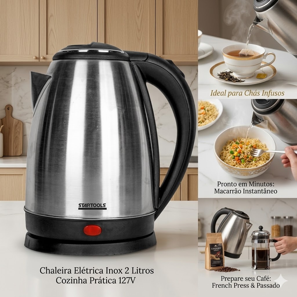 Chaleira Elétrica Inox 2 Litros 127V Aquecimento Rápido Desligamento Automático Jarro Elétrico