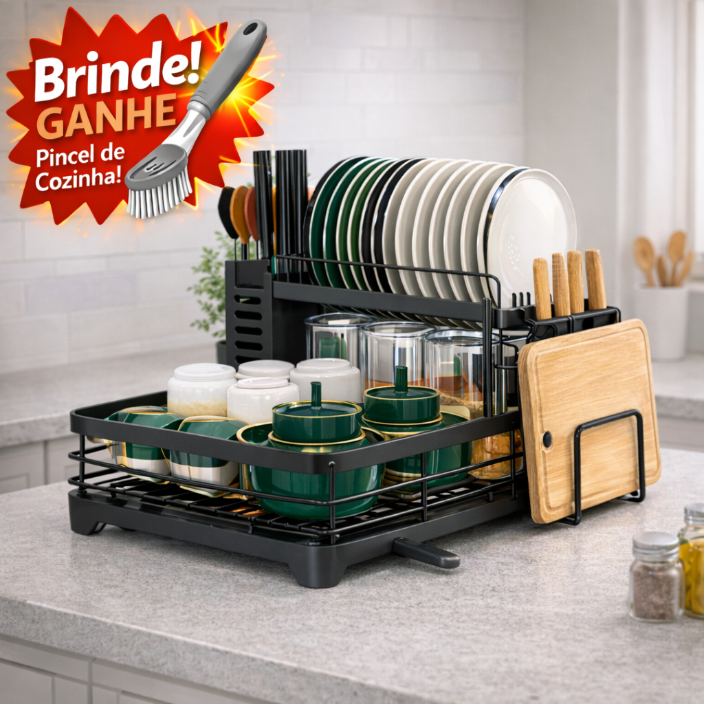Escorredor de Louça Duplo Organizador de Pia em Aço Carbono com Porta Copos e Talheres