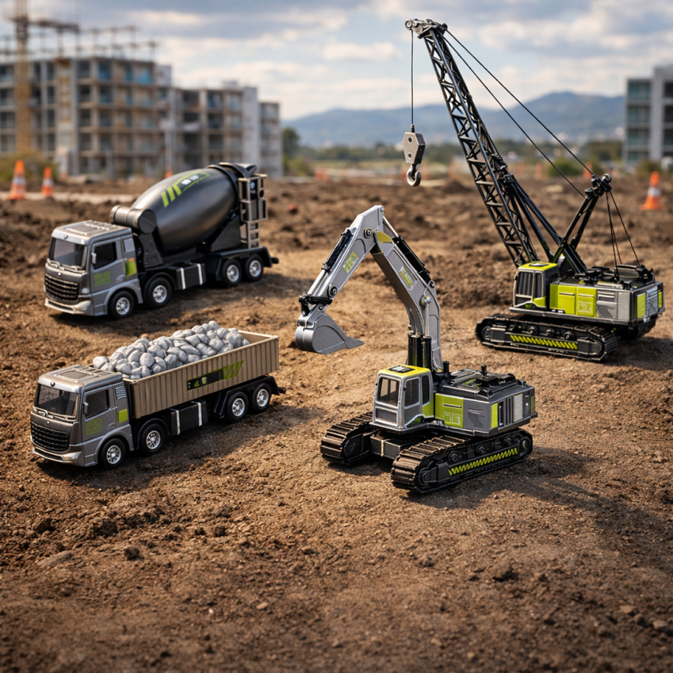 Brinquedo Caminhão Trator Guindaste De Ferro Kit Construção Infantil 4 Peças Escavadeira Brinquedo