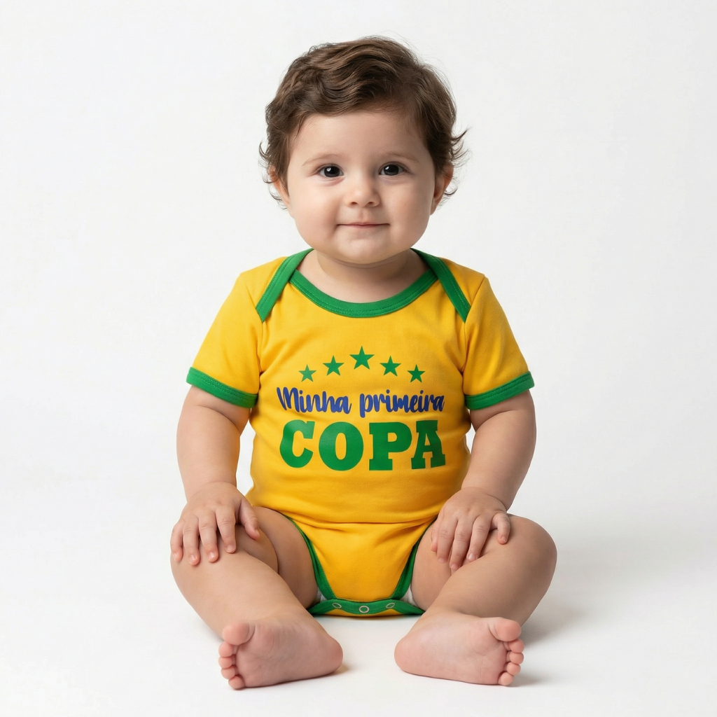 Macacão Bebê Menino Selção Brasileira Copa Futebol Copa do Mundo Short Boné Mêsversário Seleção