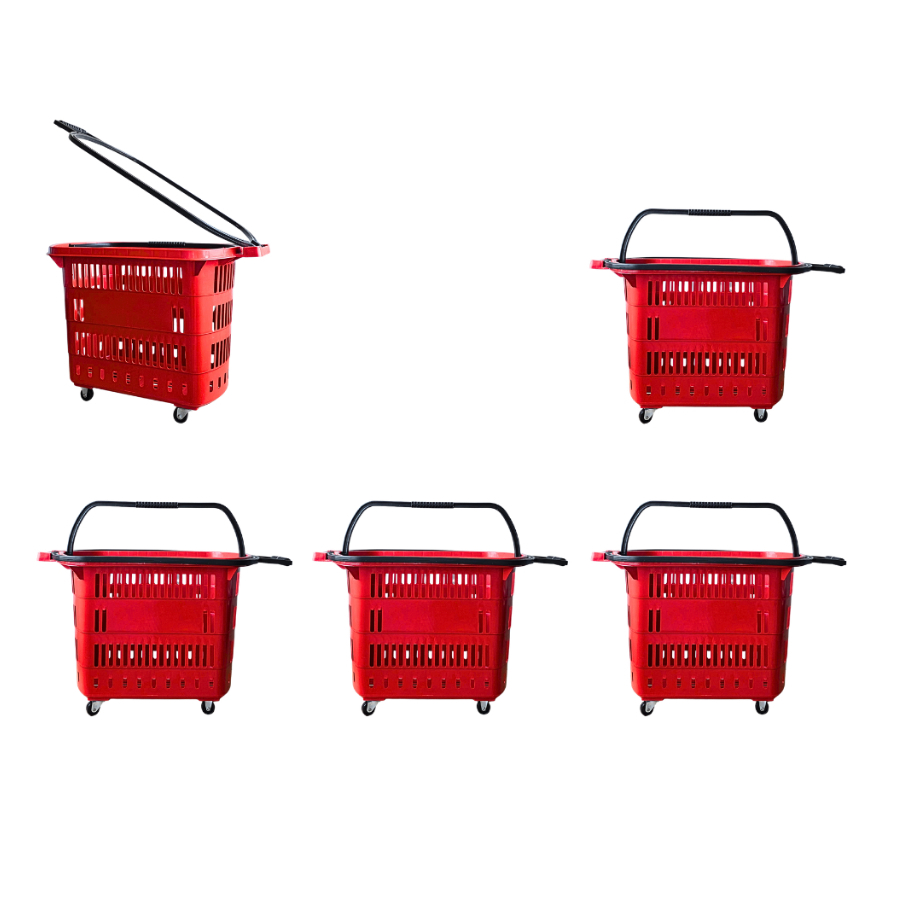 Kit 5 Cesta de Compras com Rodinha Supermercado 30 Litros Carrinho de Mercado com Rodas Giratórias Alças e Puxador