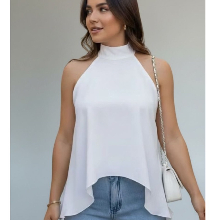 Blusa Feminina Gola Alta com Amarração no pescoço Frente Unica Regata Assimetrica Bata em Oferta na Shopee