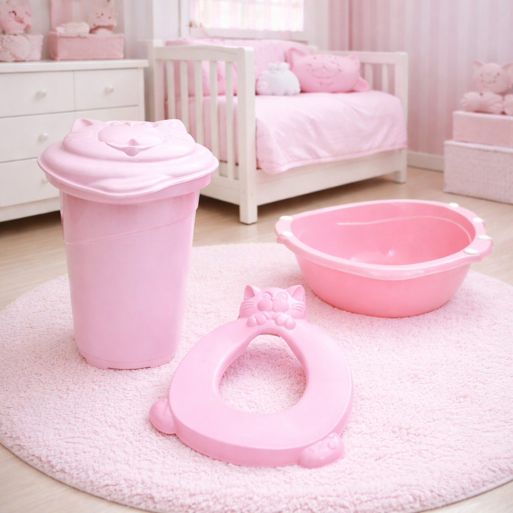 Kit com 3 Peças Para Bebê Cesto De Roupa 36L + Bacia 14L+ Assento Redudor Sanitário Infantil