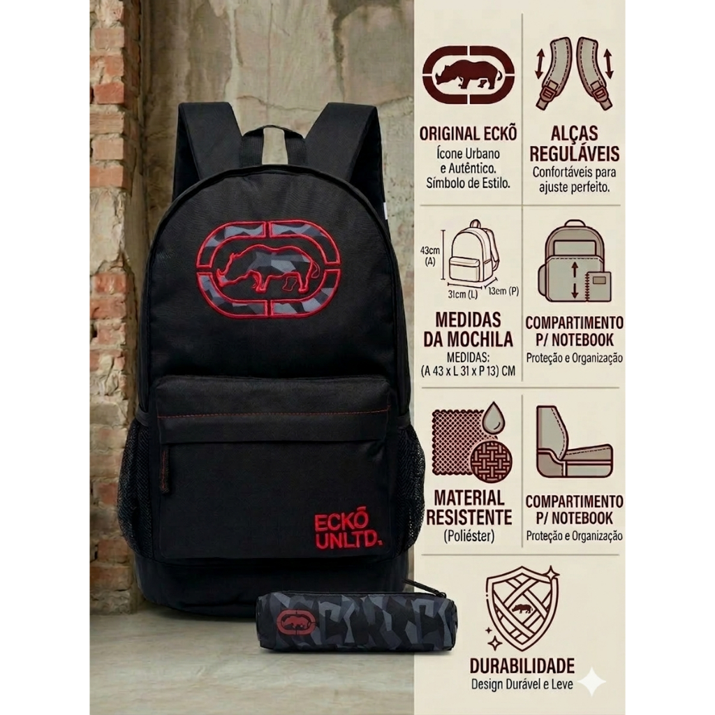 Kit Mochila Estojo Escolar Ecko Masculina Casual Resistente Espaçosa