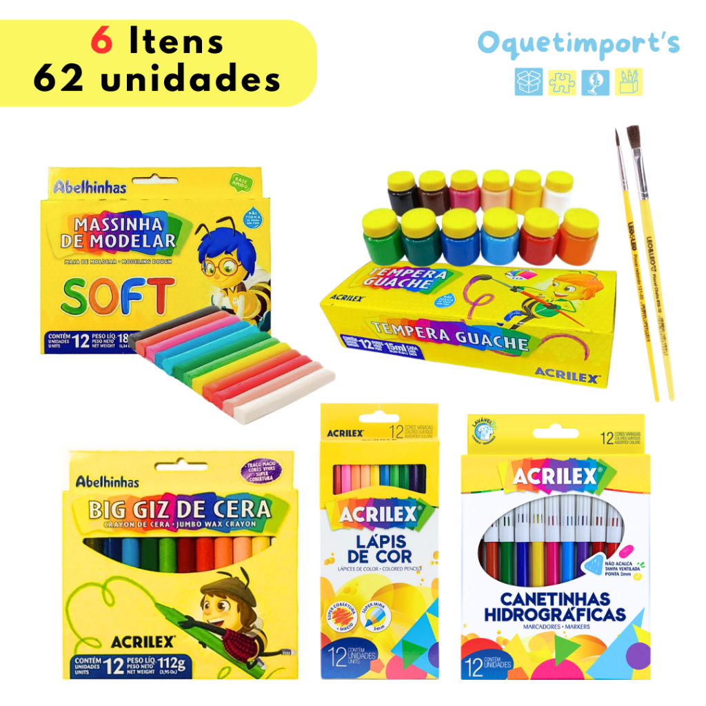 Kit Material Escolar Lápis de Cor Canetinha Giz De Cera Massinha e Tinta Guache Acrilex em Oferta na Shopee