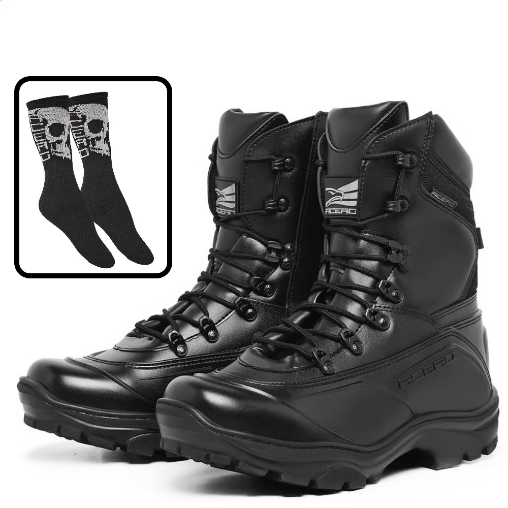 Bota Militar Acero Couro Tiger Pró Ziper Preto + 1Par de Meia Acero Preta