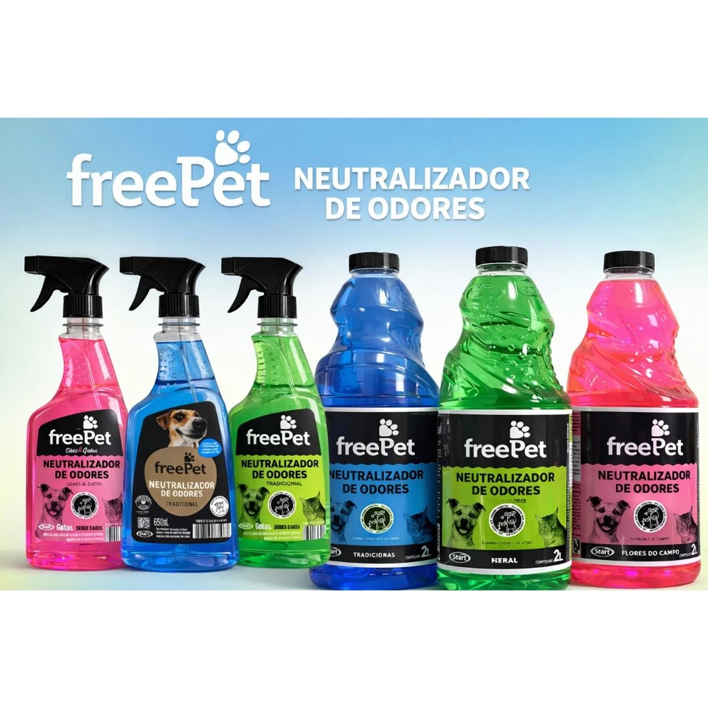 Eliminador de Odores Pet FreePet Tira Cheiro de Urina Cachorro e Gato Limpeza Canil 500ml 2L