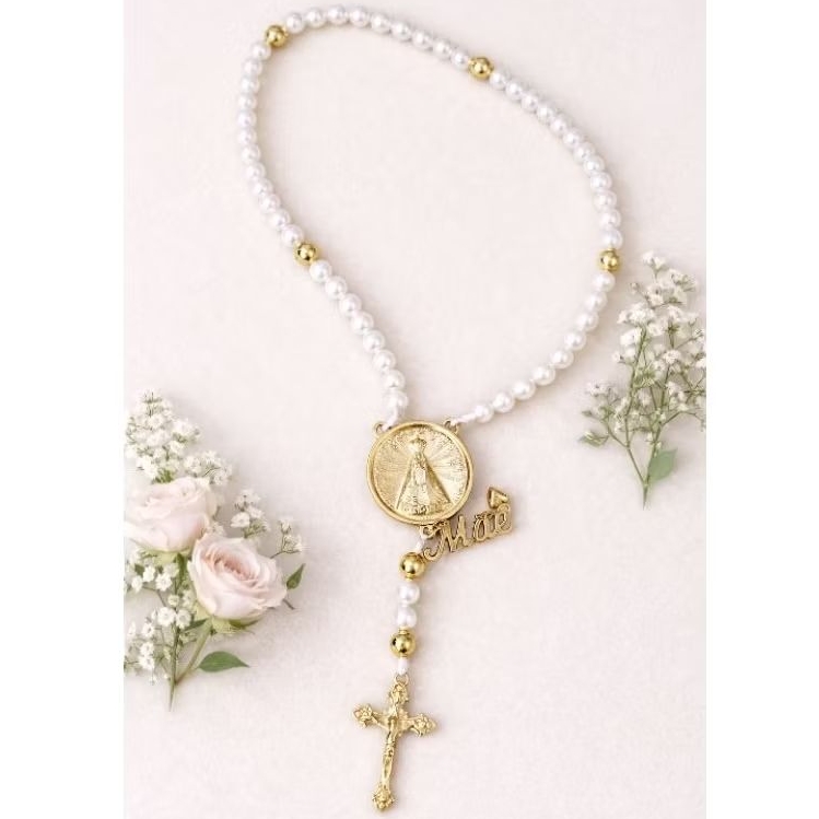 Terço Nossa Senhora Aparecida, Pingente Mãe Dourado / Prata Presente Dia das Mães Anunciar Gravidez Revelação Gravidez
