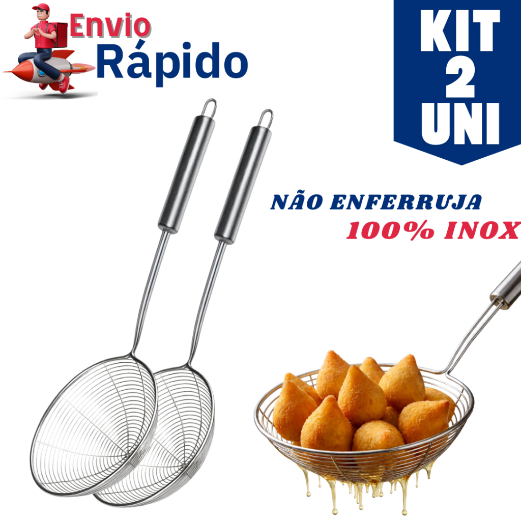 Kit 2 ou 1 Escumadeira Para Fritura Peneira Em Aço Inox 34,5 CM De Salgado Batata Pastel Frituras Utensilio De Cozinha