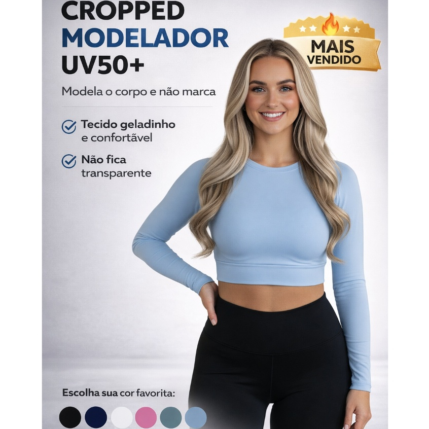 Cropped Feminino Térmico Manga Longa Com Proteção Solar UV 50+ | Camiseta Blusa| Segunda Pele