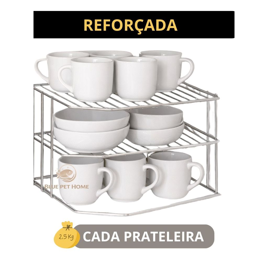 Prateleira Reforçada Dupla de Canto Organização Louça Pratos Copos Cozinha