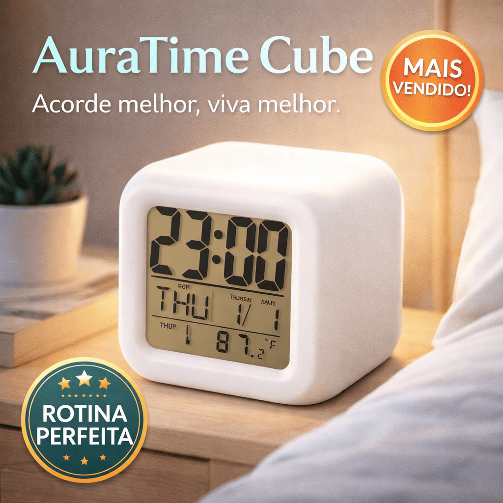Despertador Digital LED Compacto Luz Noturna Portátil Relógio Mesa Cabeceira Minimalista AuraTime Cube