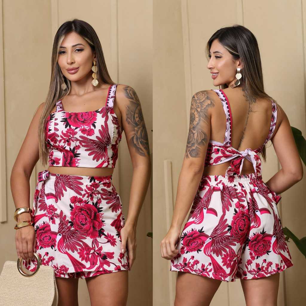 COMJUNTO FEMENINO VERÃO TROPICAL ESTAMPADO CROP Y SHORT SAIA ESTILO PRAIA [ENTREGA INMEDITA]