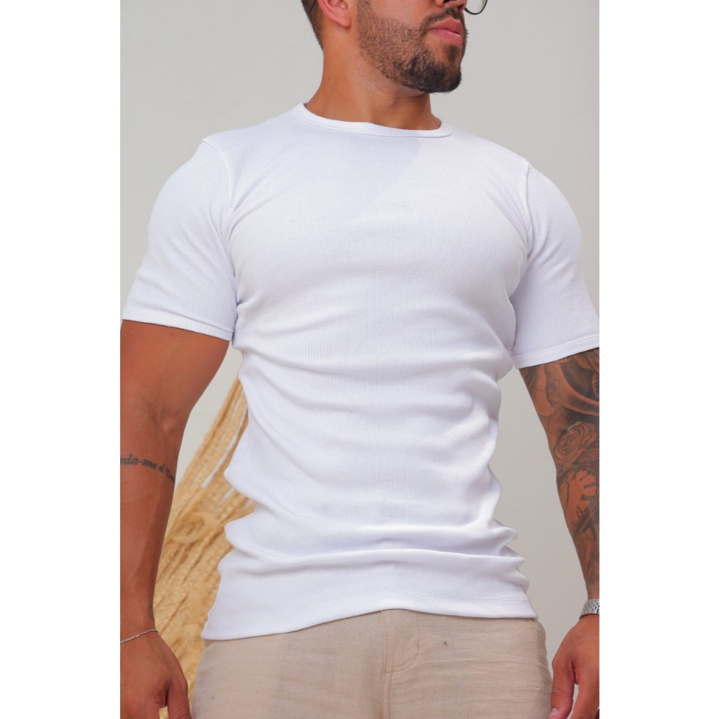 Camiseta Americana Canelada Ribana Algodão Justa Premium
