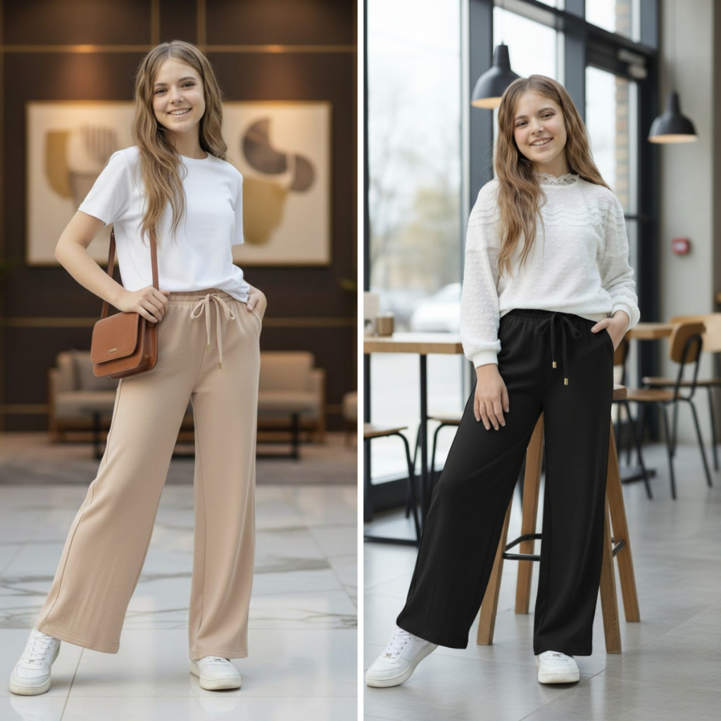 Calça Infantil Feminina Estilo Princesa – Pantalona Leve, com Bolsos e Elástico na Cintura em Oferta na Shopee
