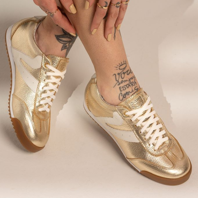 Imagem Tênis Feminino Vittal Couro Legítimo Naomi Casual Clássico Retrô Dourado