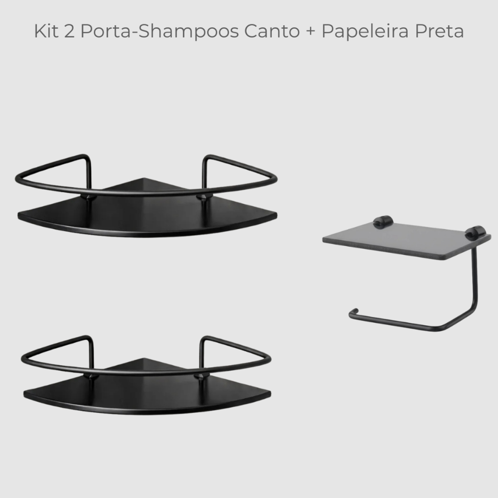 Kit 2 Porta Shampoos Canto Vidro Preto + Papeleira Porta Papel Higiénico Com Prateleira De Vidro Preto
