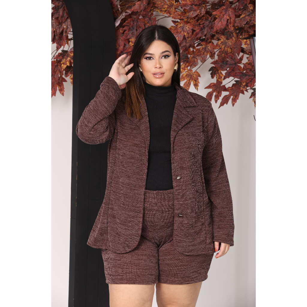 Conjunto Feminino Social Plus Size Blazer e Short Cintura Alta Elegante Premium