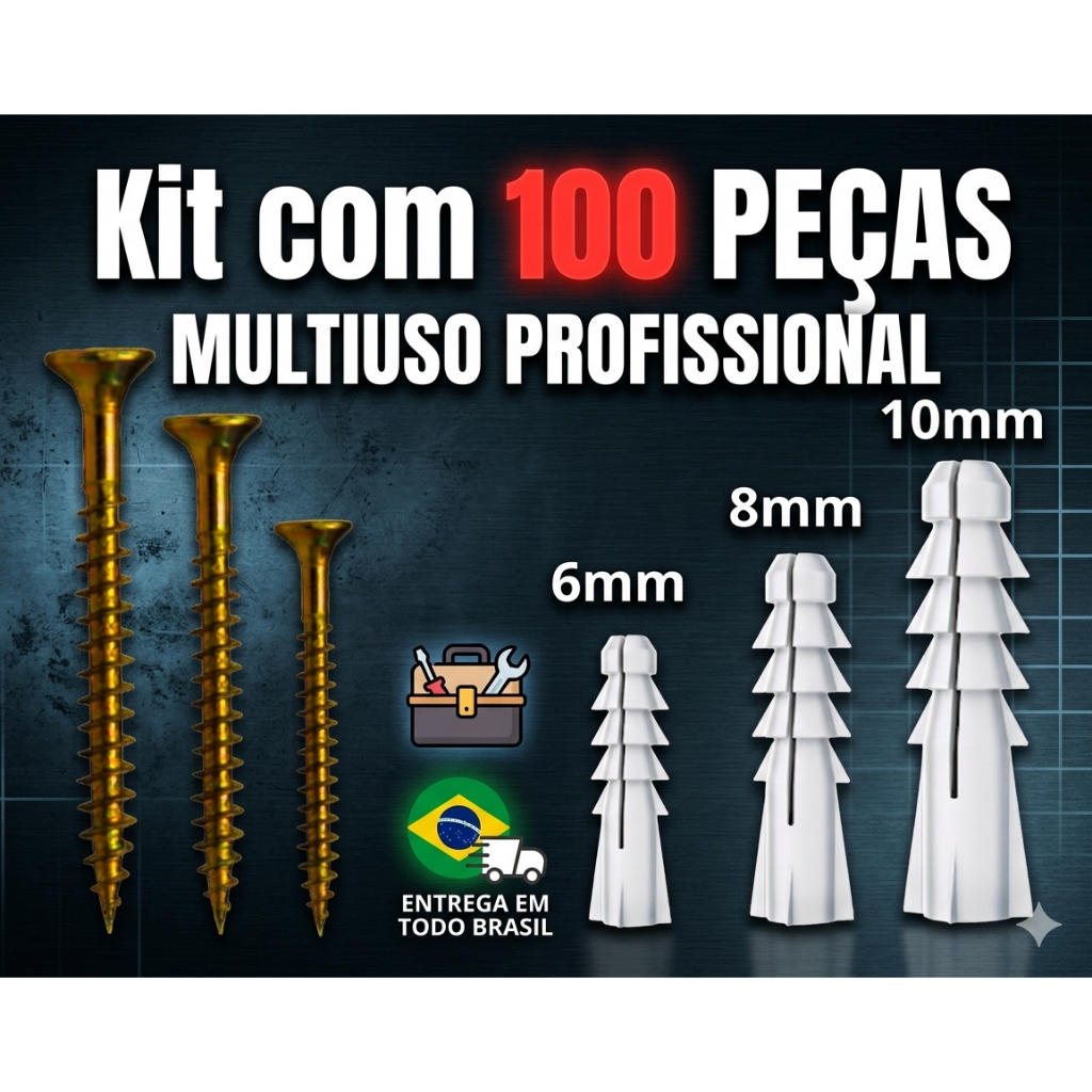 Kit Parafuso / Bucha com medidas 6mm 8mm 10mm com 100 Peças Parede kit completo Parafusos e Buchas