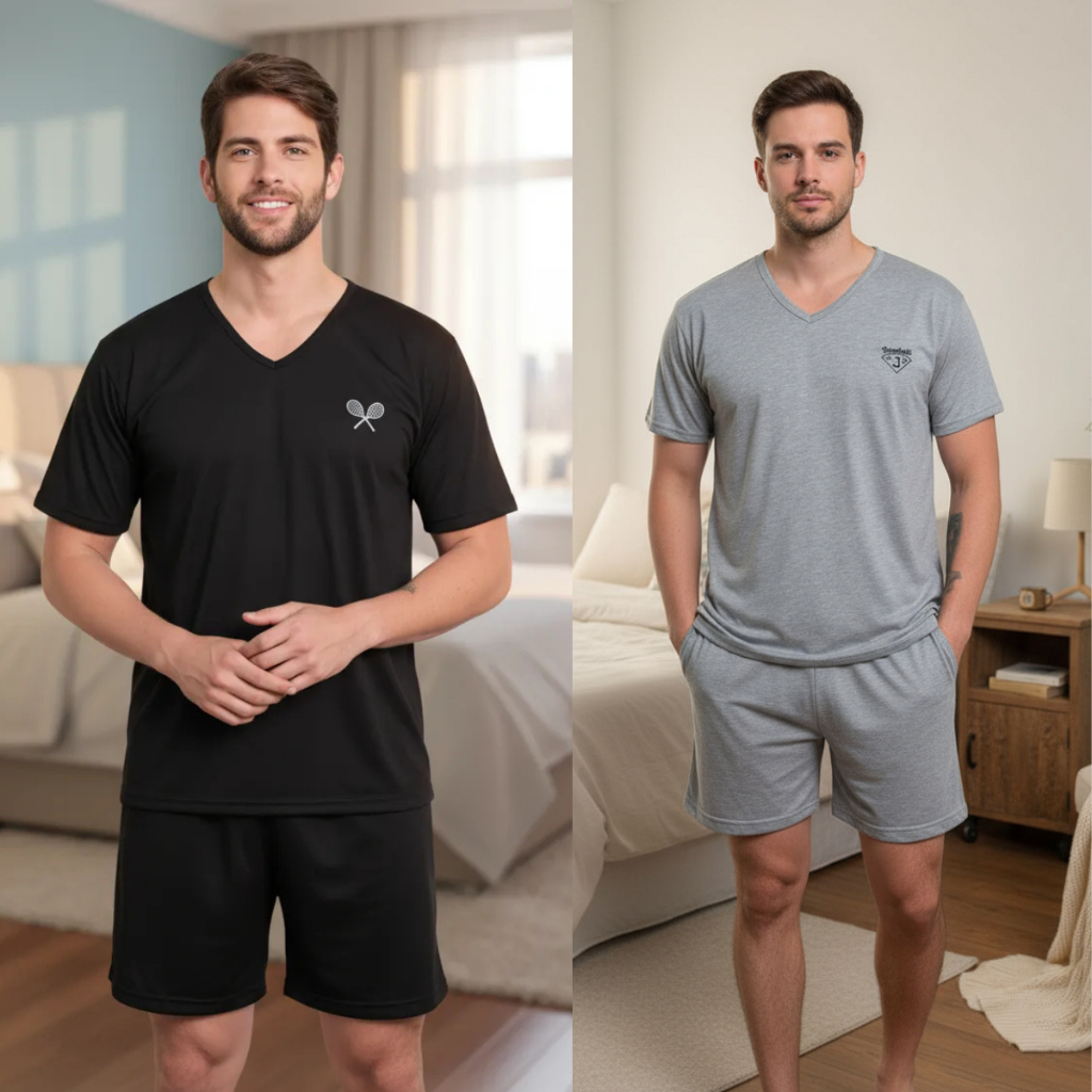 Kit 2 Pijamas Masculino Curto Short CAmiseta Verão  Conforto Malha Adulto