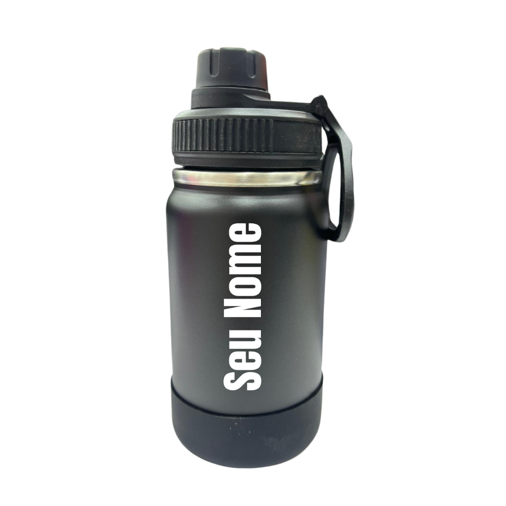 Garrafa Térmica Sport 350ml Inox + Borracha + Alça Dobrável + Nome ou Desenho
