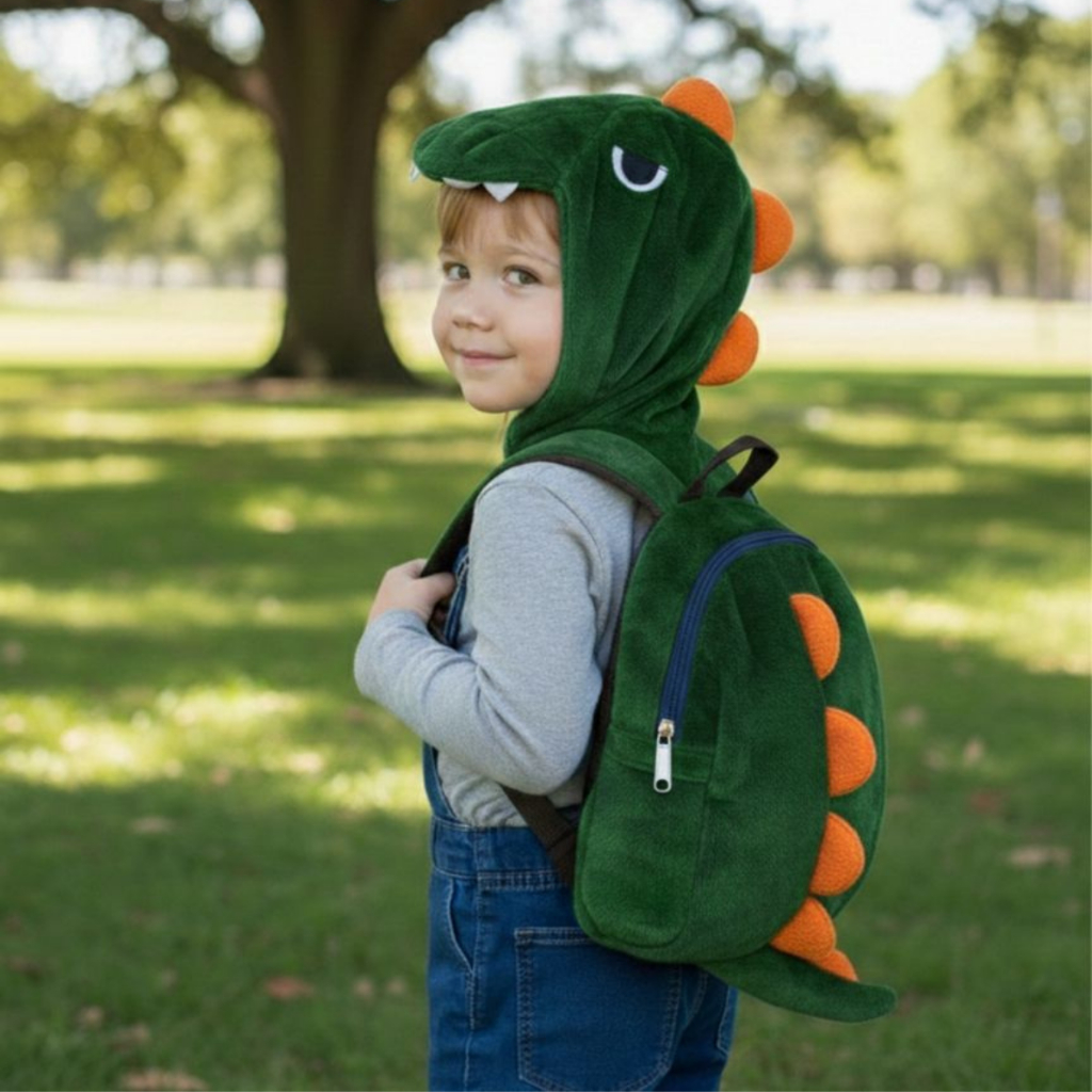 Mochila Infantil Dinossauro 3D com Capuz Pelúcia com Touca Divertida Criativa Fofa Envio Imediato